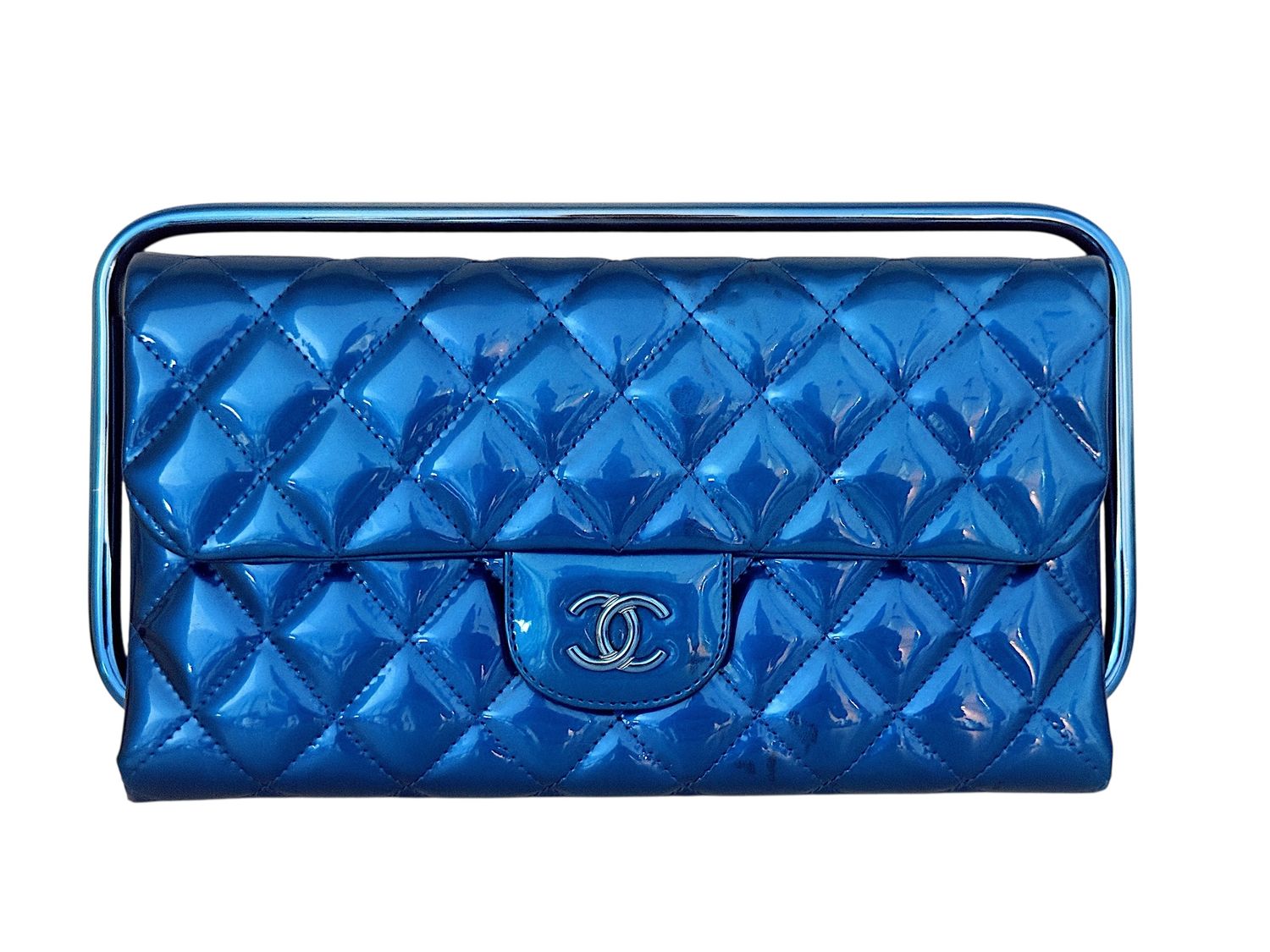 CHANEL RARE 2014 ROYAL BLUE QUILTED PATENT LEATHER RUNWAY TOP HANDLE FLAP CLUTCH