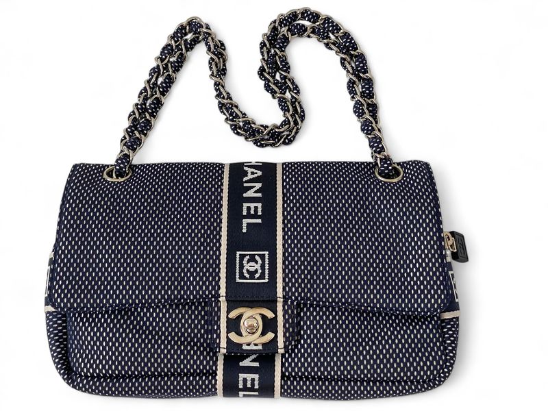 CHANEL CC TURNLOCK NAVY MESH LOGO WEBBING CLASSIC FLAP SHOULDER BAG