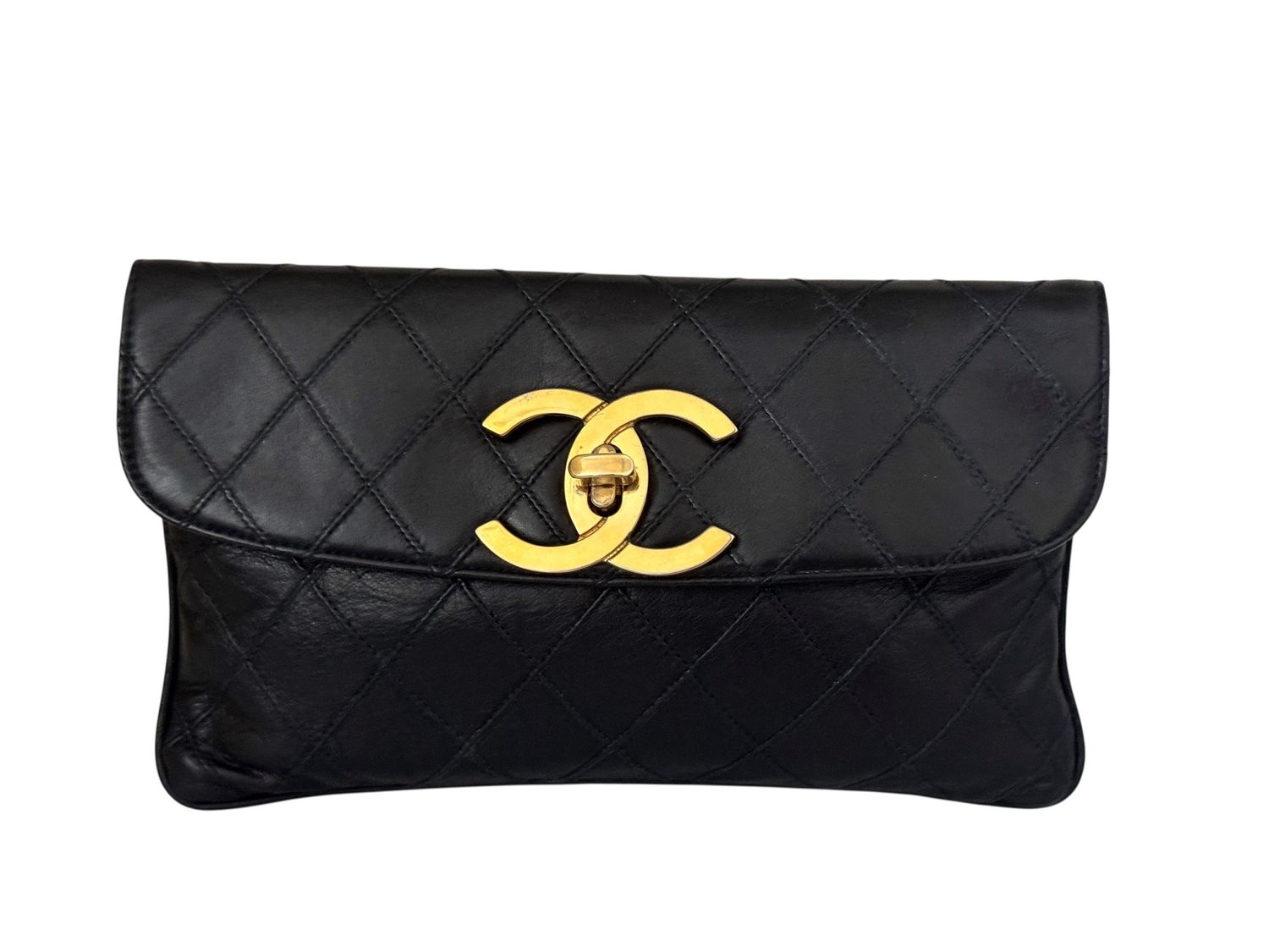 CHANEL VINTAGE CC BLACK QUILTED LEATHER CLUTCH WITH 24K PLATED HARDWARE