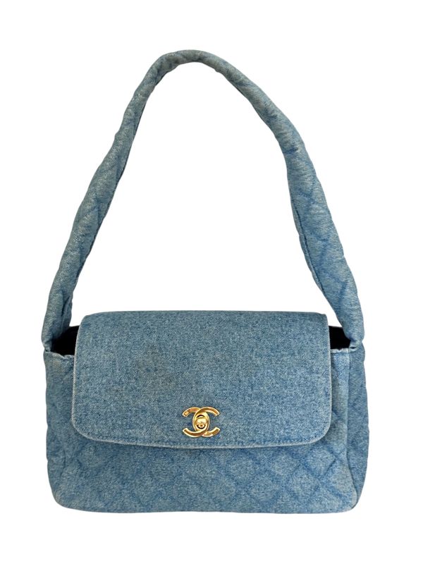 VINTAGE CHANEL CC TURNLOCK QUILTED DENIM SHOULDER FLAP BAG
