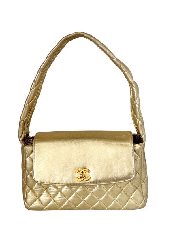 VINTAGE CHANEL CC TURNLOCK QUILTED GOLD LEATHER SHOULDER FLAP BAG