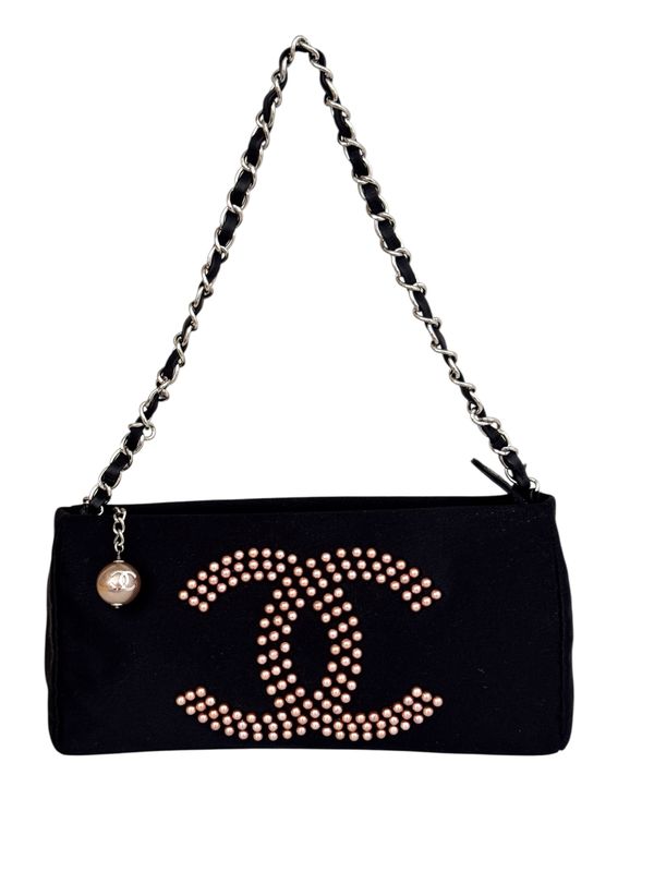 CHANEL BLACK SATIN CC FAUX PEARL POCHETTE EVENING BAG