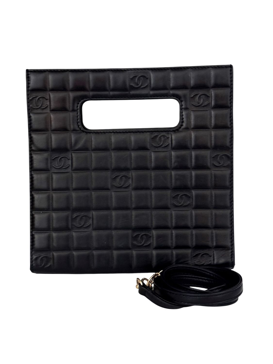 CHANEL VINTAGE CC LOGO CHOCOLATE QUILT BLACK LEATHER MINI TOTE BAG
