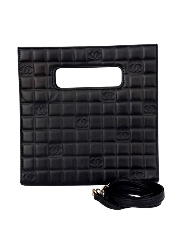CHANEL VINTAGE CC LOGO CHOCOLATE QUILT BLACK LEATHER MINI TOTE BAG