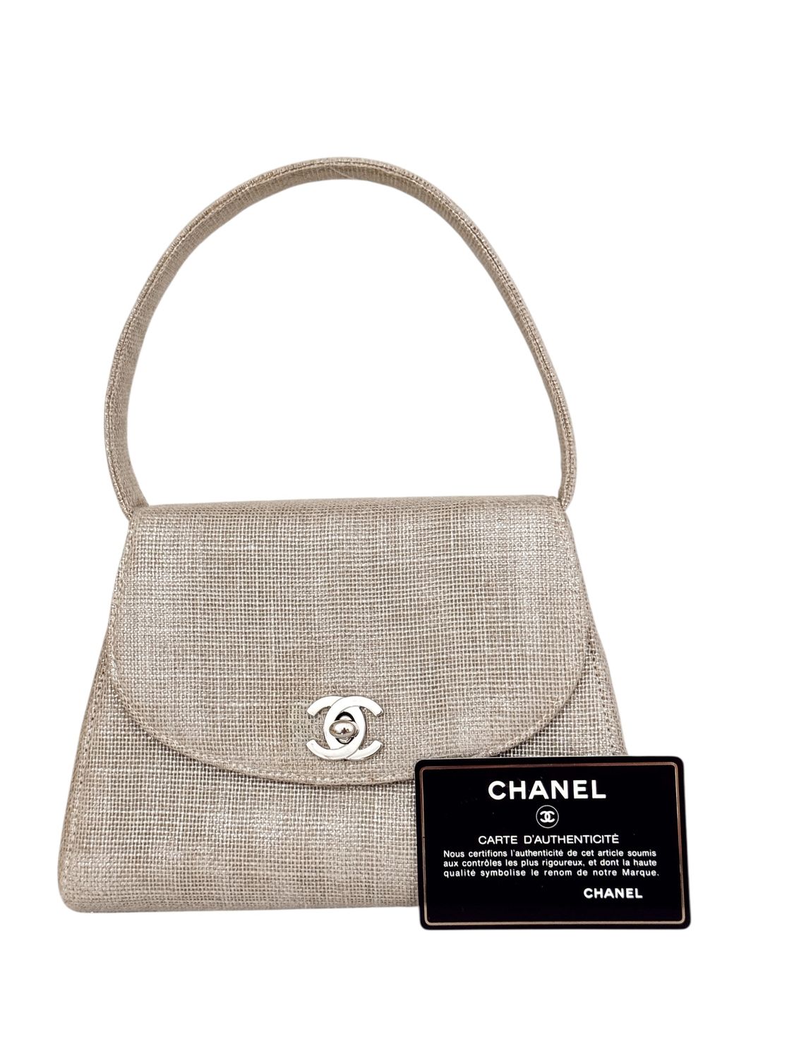CHANEL VINTAGE CC SILVER / GOLD  LINEN KELLY BAG