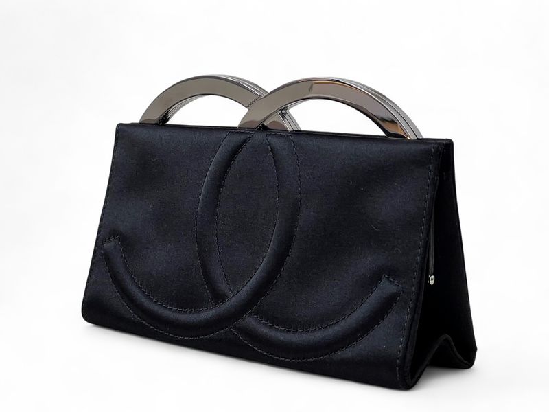 RARE CHANEL BLACK SATIN SILVER FRAMED CLUTCH WITH CC LOGO FRAME CLOSURE
