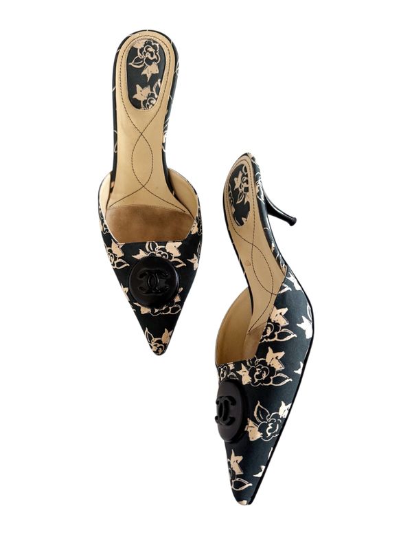 CHANEL VINTAGE CAMBON FABRIC CC PRINT MULES HEELS / IT 37