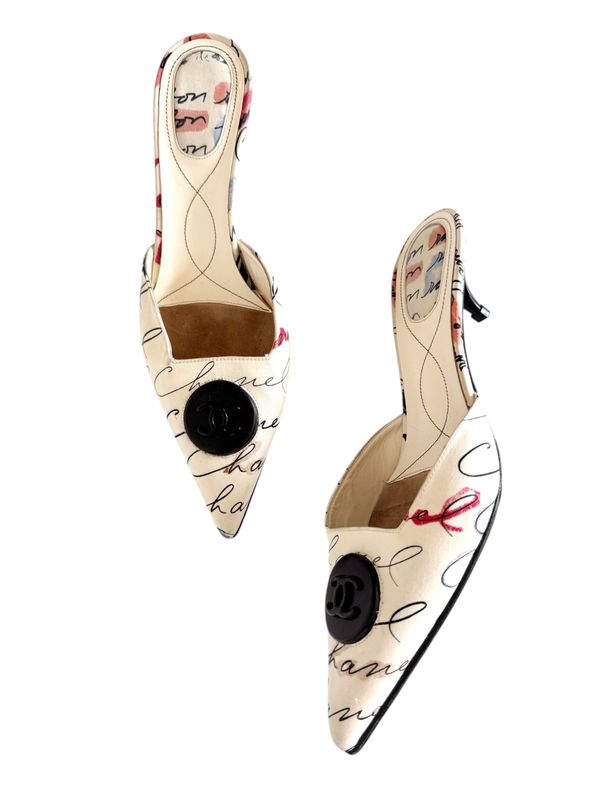 CHANEL VINTAGE CAMBON FABRIC CC PRINT MULES HEELS / IT 39.5