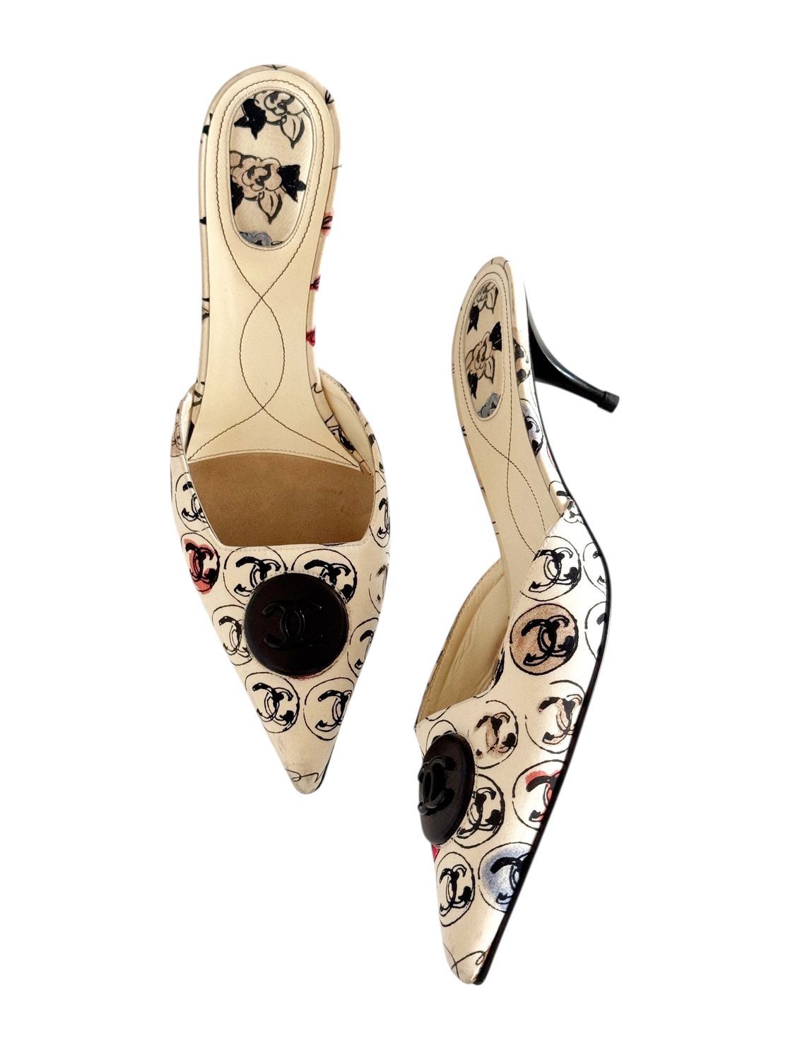 CHANEL VINTAGE CAMBON FABRIC CC PRINT MULES HEELS / IT 40