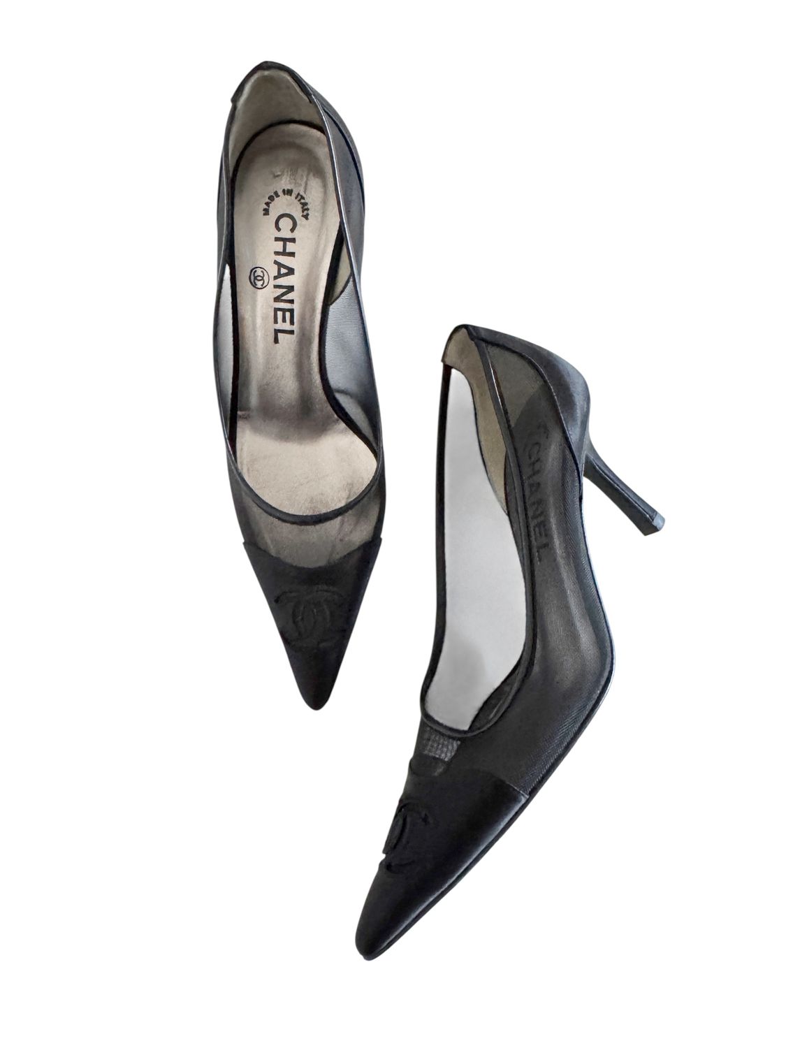 ​CHANEL VINTAGE CC LOGO BLACK MESH AND LEATHER PUMPS HEELS IT 36.5