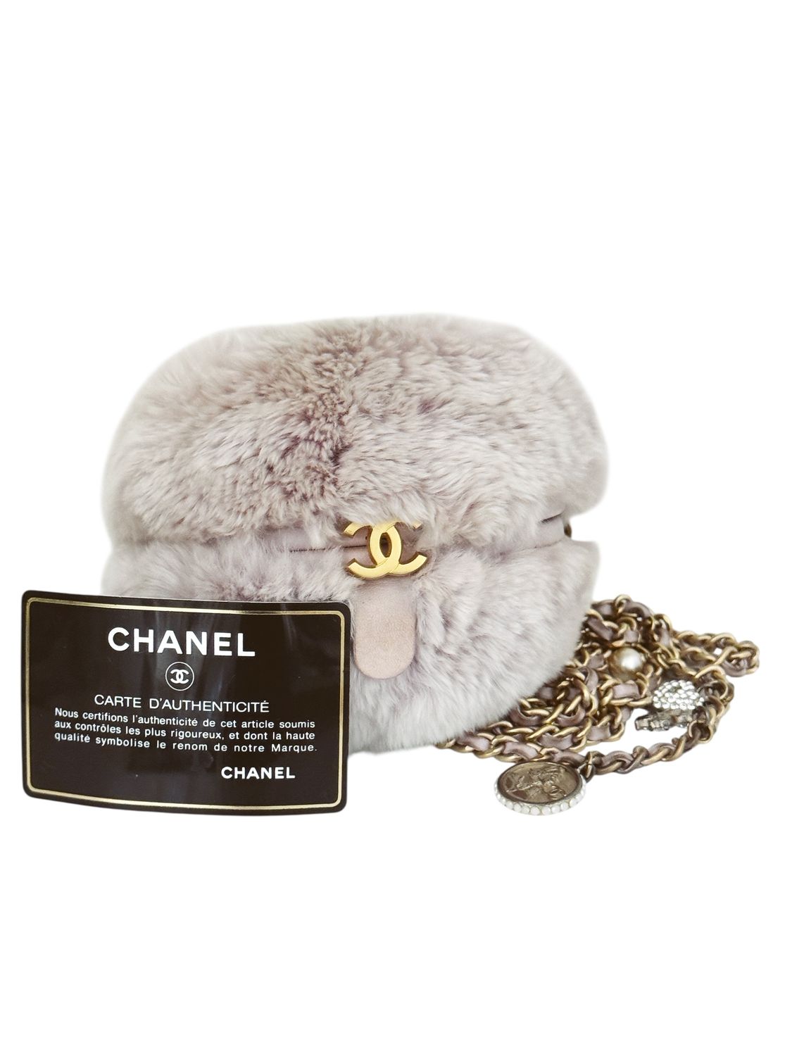 CHANEL VINTAGE FUR CC MACARON EVENING BAG WITH CHARMS