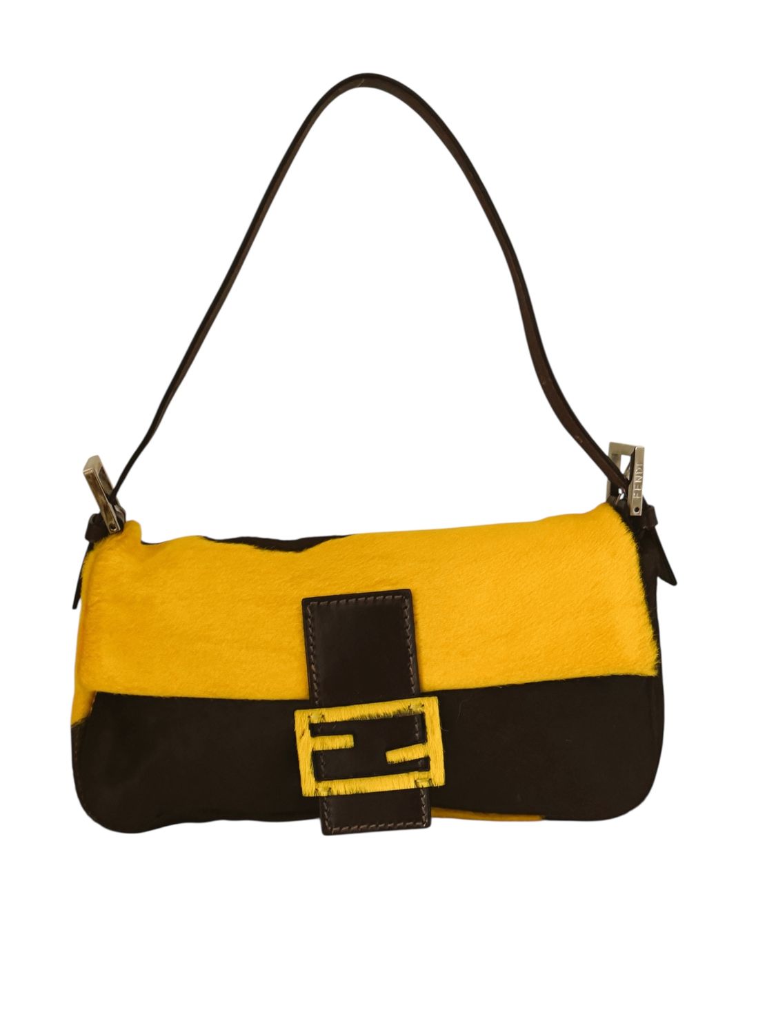 FENDI VINTAGE YELLOW COW PRINT PONY HAIR BAGUETTE BAG