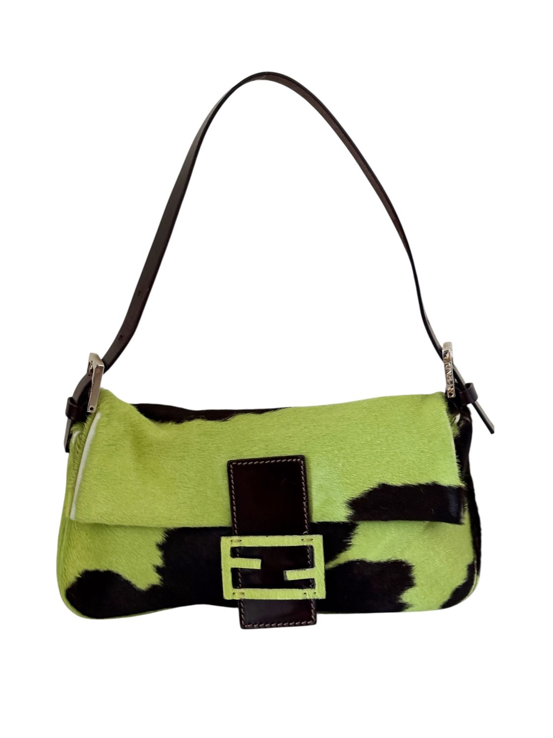 FENDI VINTAGE GREEN COW PRINT PONY HAIR BAGUETTE BAG