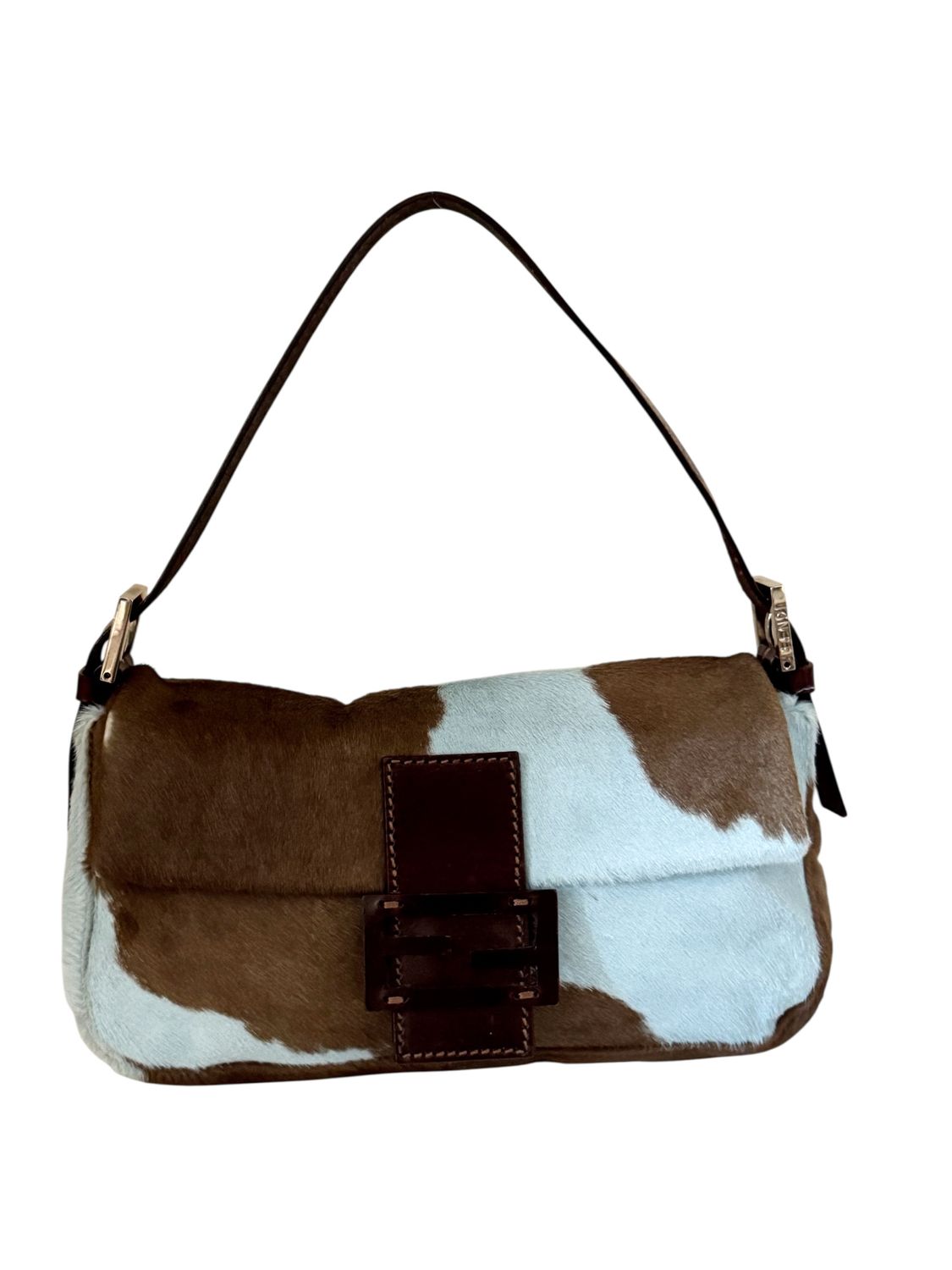 FENDI VINTAGE BLUE COW PRINT PONY HAIR BAGUETTE BAG