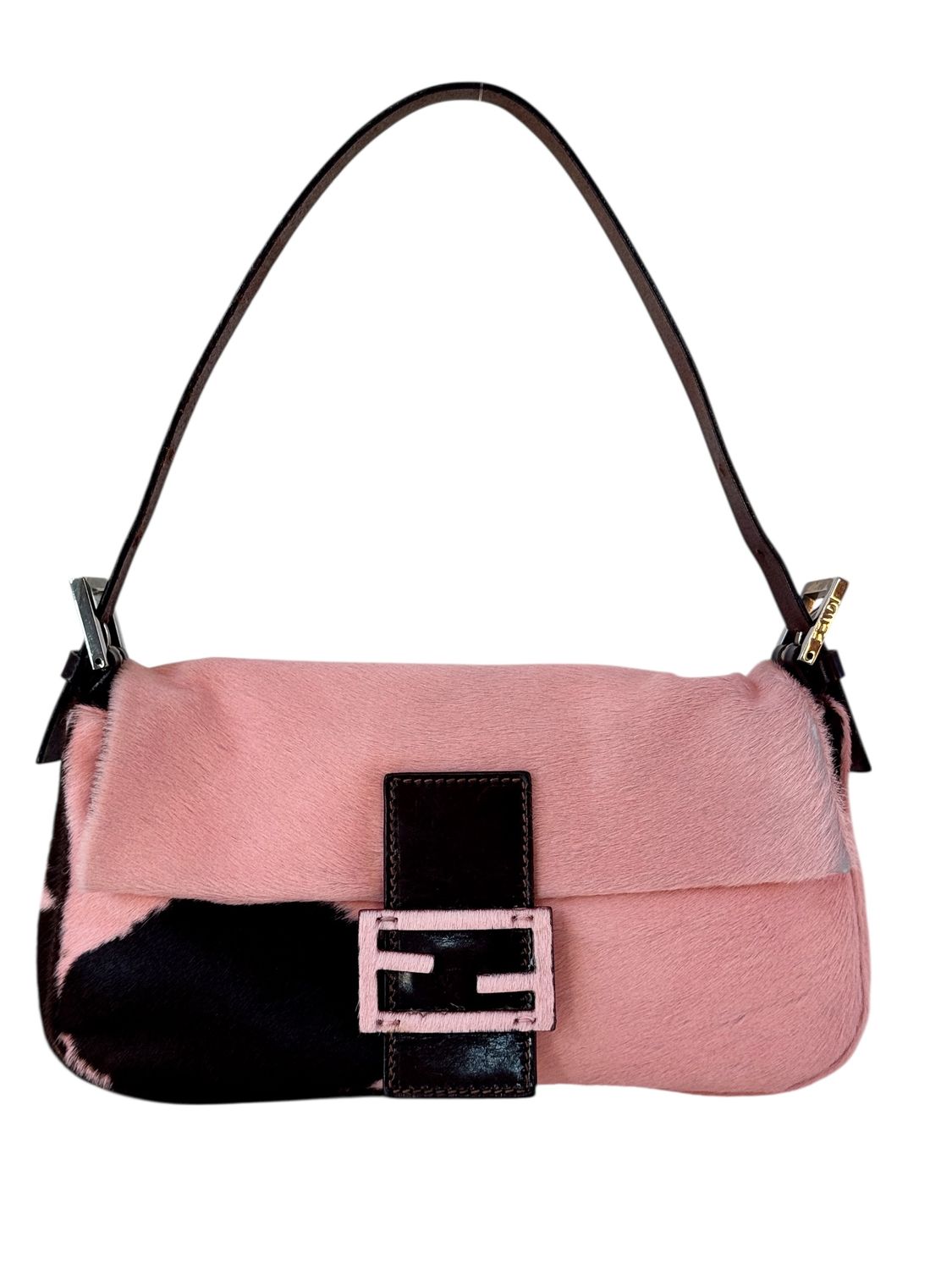 FENDI VINTAGE PINK COW PRINT PONY HAIR BAGUETTE BAG