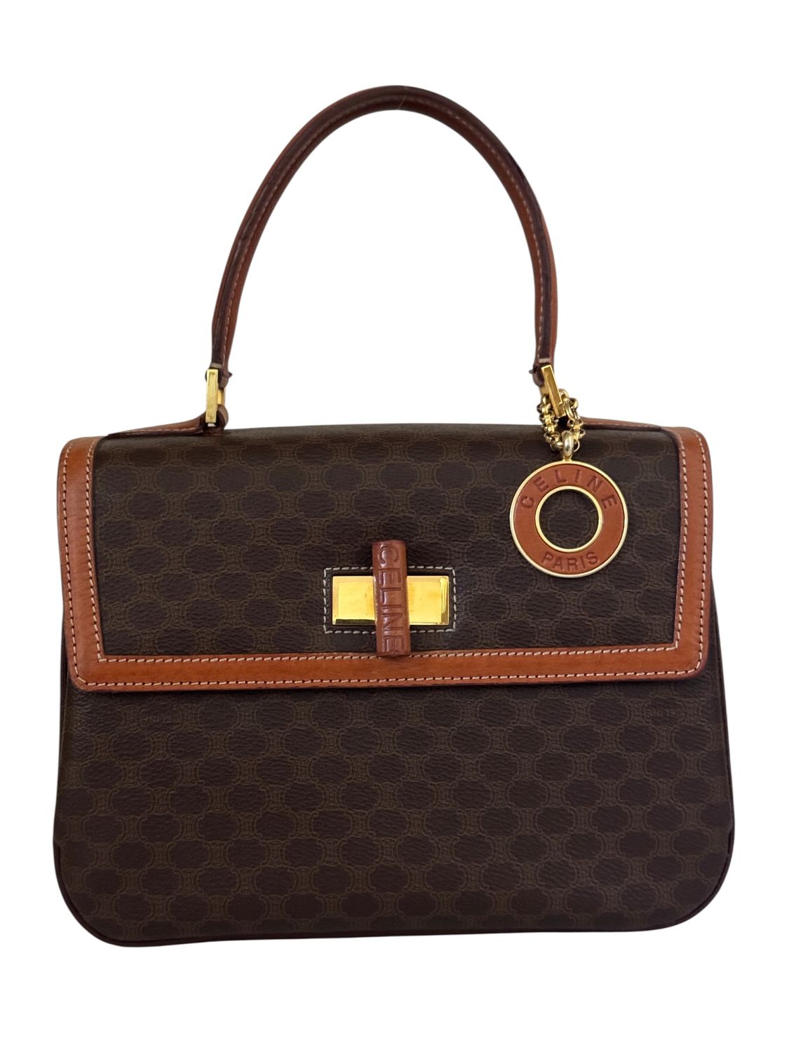 CELINE PARIS VINTAGE MONOGRAM MACADAM TOP HANDLE BAG WITH CHARM