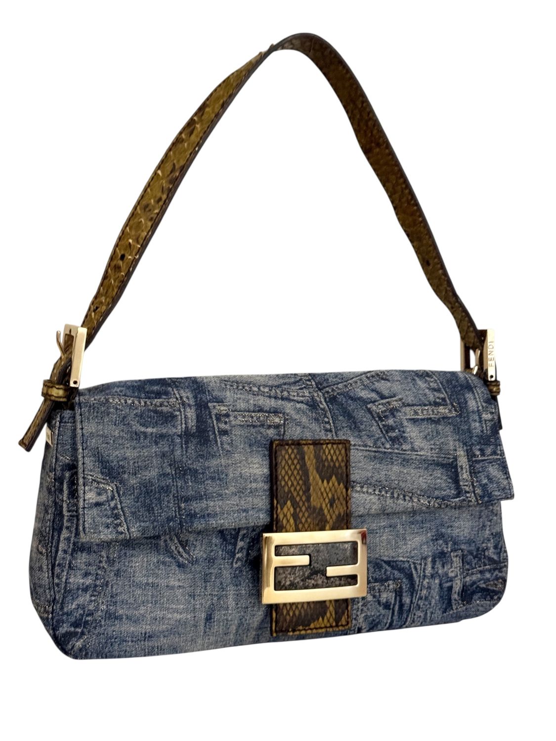 FENDI VINTAGE DENIM WITH PYTHON TRIM BAGUETTE SHOULDER BAG - VERY RARE