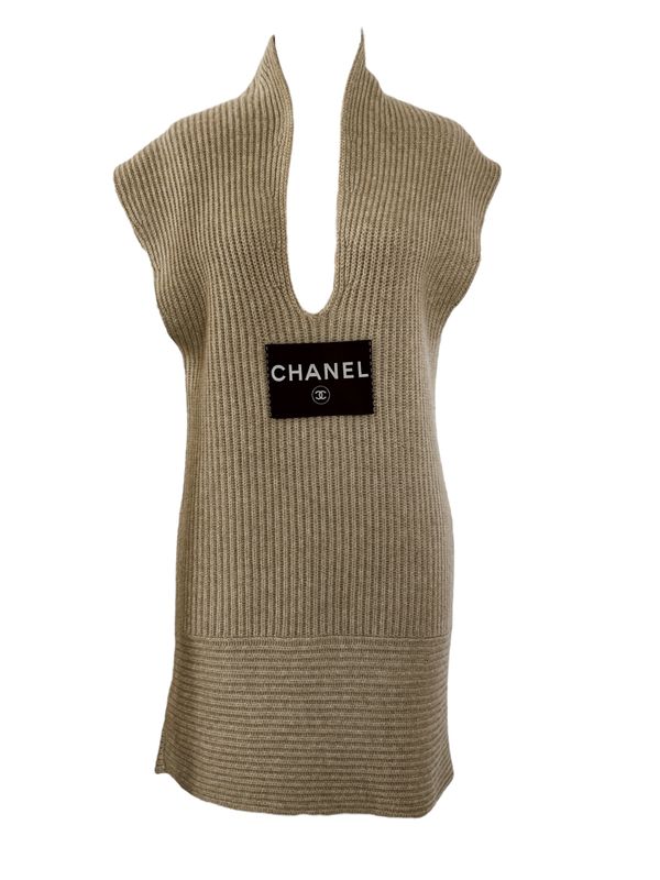 CHANEL CC BEIGE CASHMERE KNIT SHORT SLEEVE SWEATER TUNIC DRESS FR 38