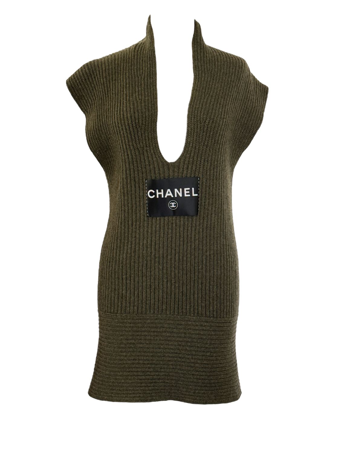 CHANEL CC DARK GREEN CASHMERE KNIT SHORT SLEEVE SWEATER TUNIC DRESS FR 38