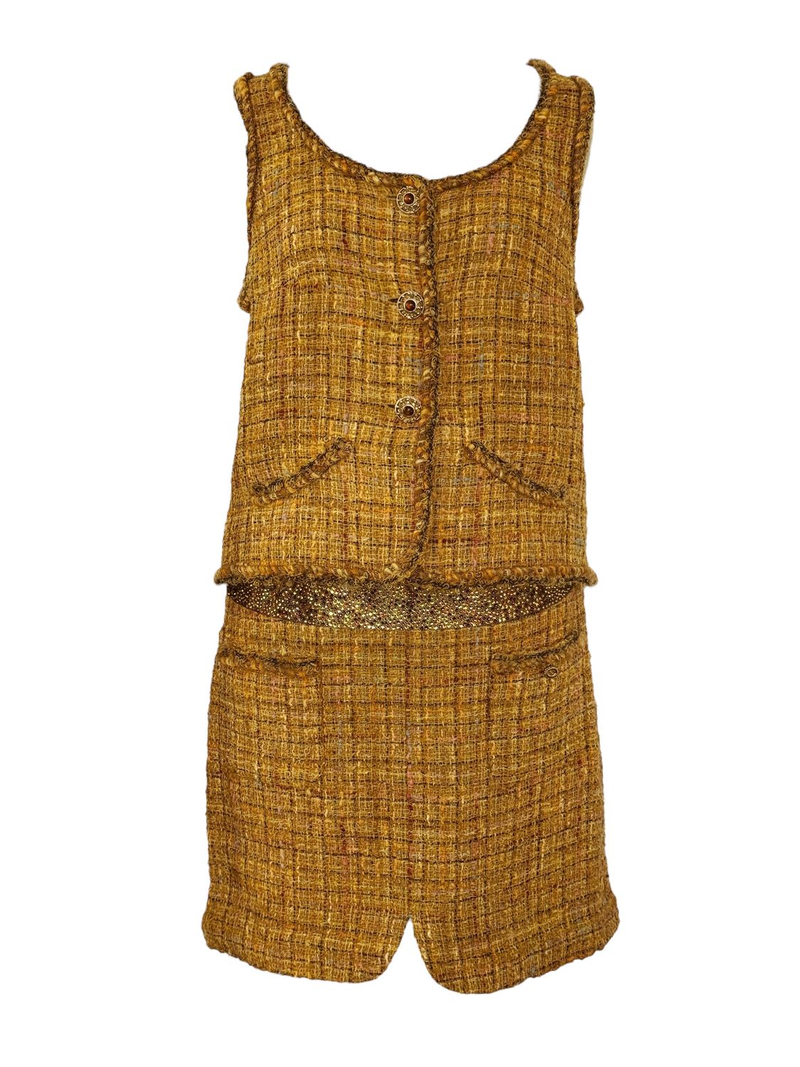 CHANEL CC GOLD TWEED 2 PC SET TOP AND SKIRT FR 40