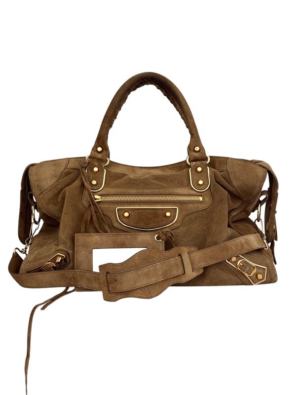 BALENCIAGA BROWN SUEDE CLASSIC CITY BAG WITH METALLIC EDGE