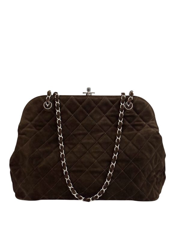 CHANEL VINTAGE CC LOCK METAL FRAME BROWN SUEDE QUILTED LEATHER SHOULDER BAG