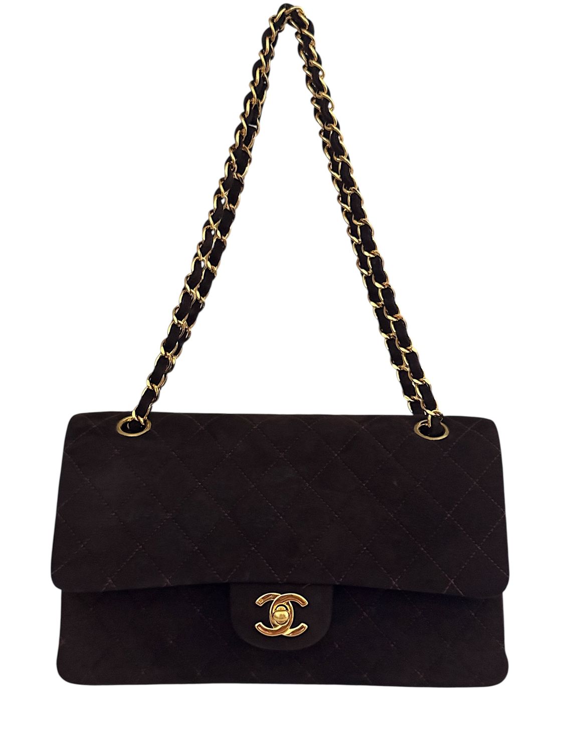 CHANEL VINTAGE BROWN SUEDE MEDIUM DOUBLE FLAP BAG