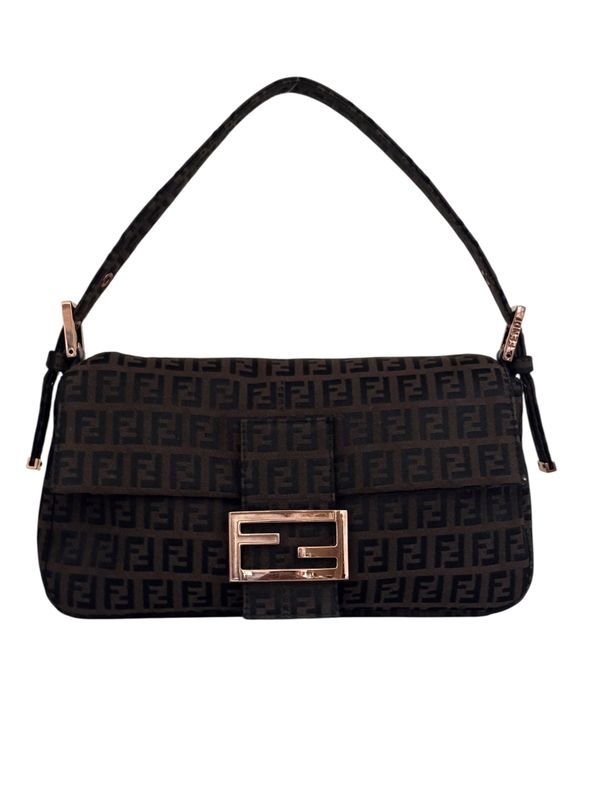 FENDI BROWN ZUCCHINO FF BAGUETTE SHOULDER BAG WITH ROSE GOLD HARDWARE