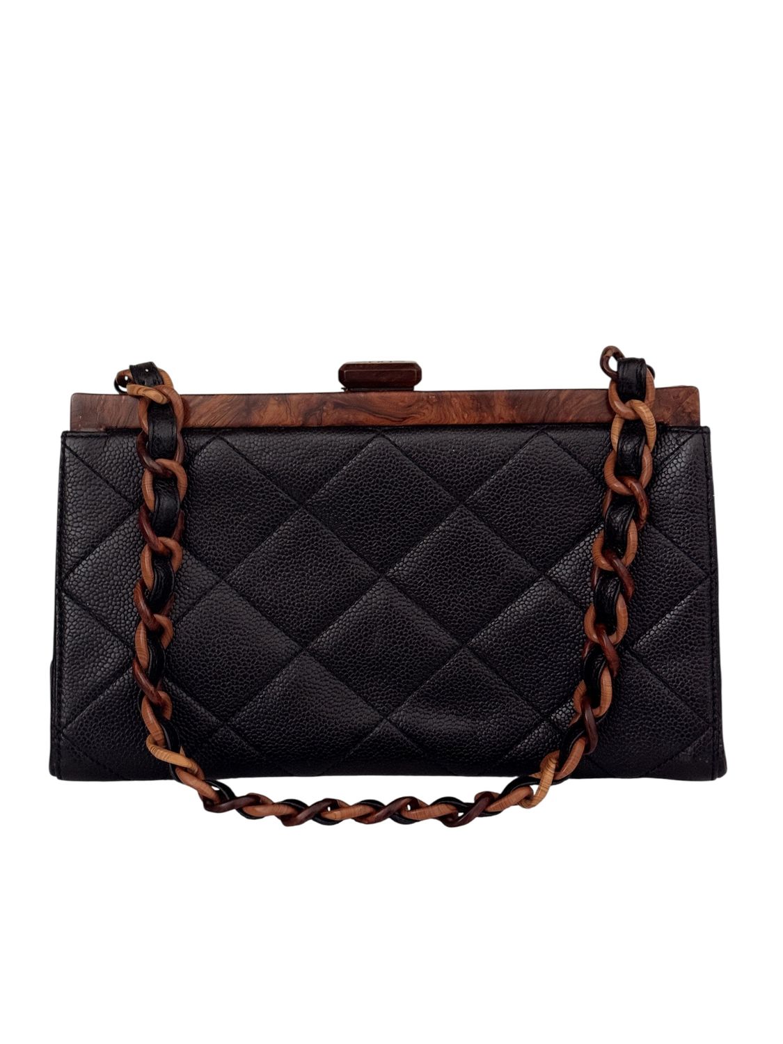 CHANEL VINTAGE BLACK CAVIAR LEATHER WITH CC WOOD FRAME CLUTCH / SHOULDER BAG