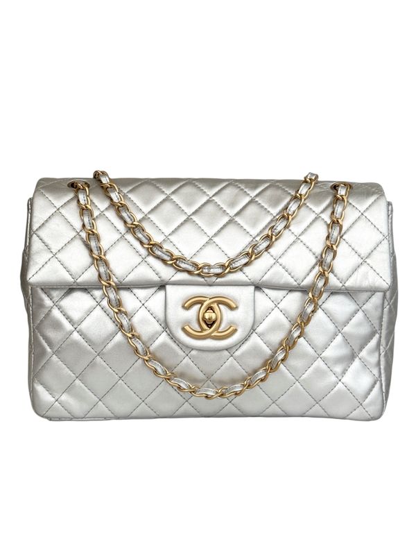 CHANEL MAXI SILVER LEATHER SINGLE FLAP SHOULDER BAG