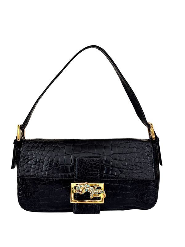 FENDI BLACK CROCODILE GECKO BAGUETTE SHOULDER BAG