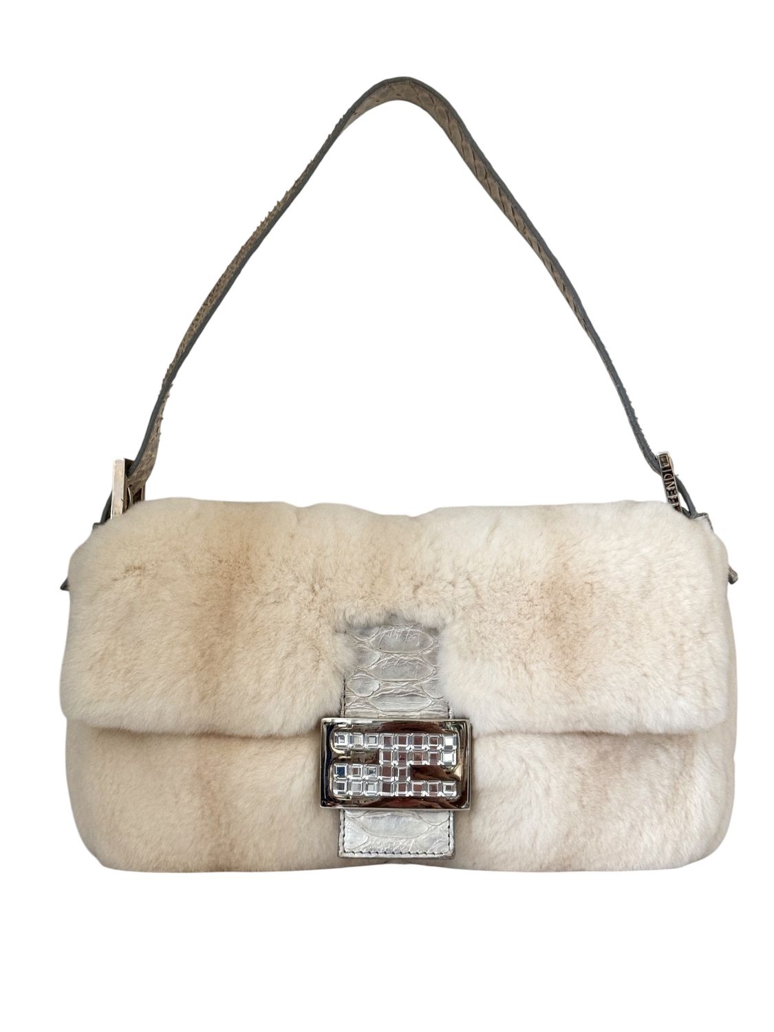 FENDI VINTAGE MINK FUR WITH CRYSTAL DETAIL AND PYTHON TRIM BAGUETTE SHOULDER BAG - RARE COLLECTORS BAG