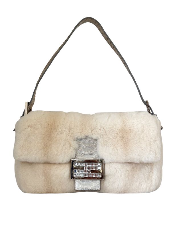 FENDI VINTAGE MINK FUR WITH CRYSTAL DETAIL AND PYTHON TRIM BAGUETTE SHOULDER BAG - RARE COLLECTORS BAG