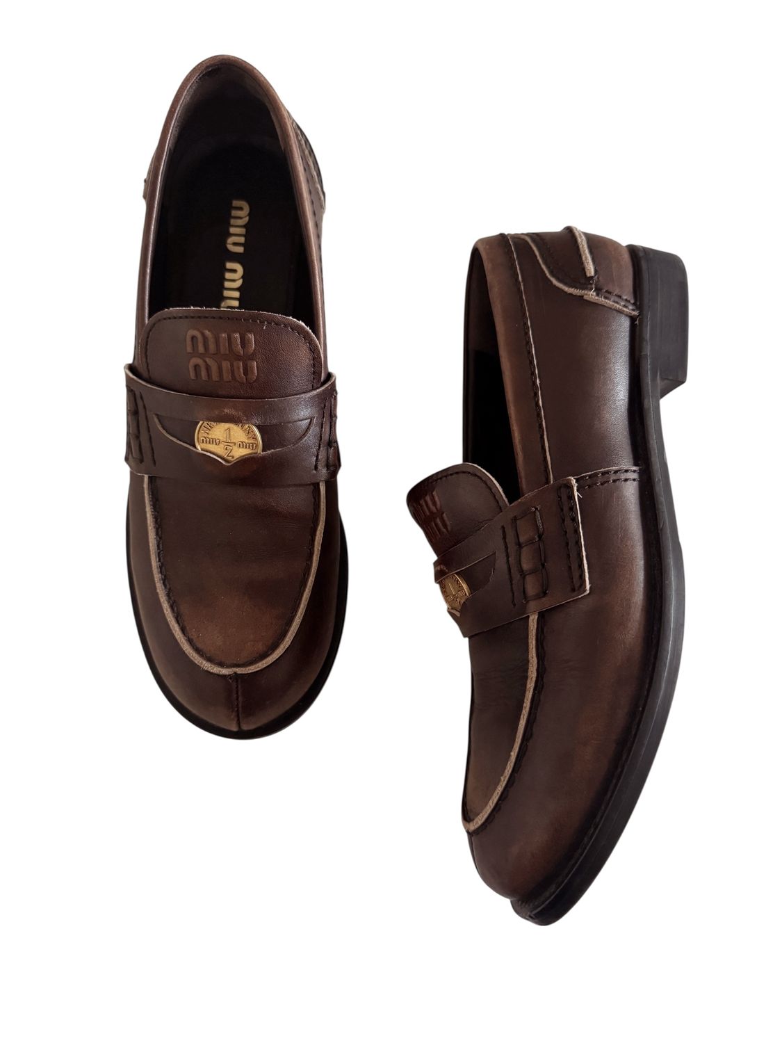 MIU MIU BROWN LEATHER PENNY LOGO LOAFERS / IT 39