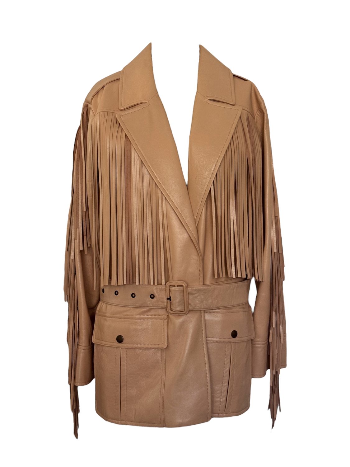 CHLOE LEATHER FRINGE BELTED JACKET SPRING 2025