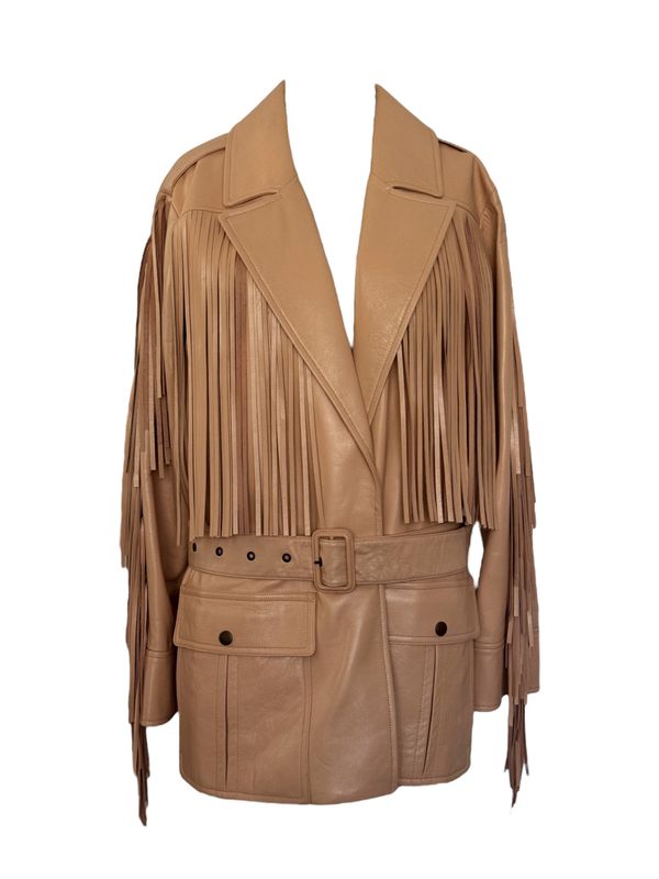 CHLOE LEATHER FRINGE BELTED JACKET SPRING 2025