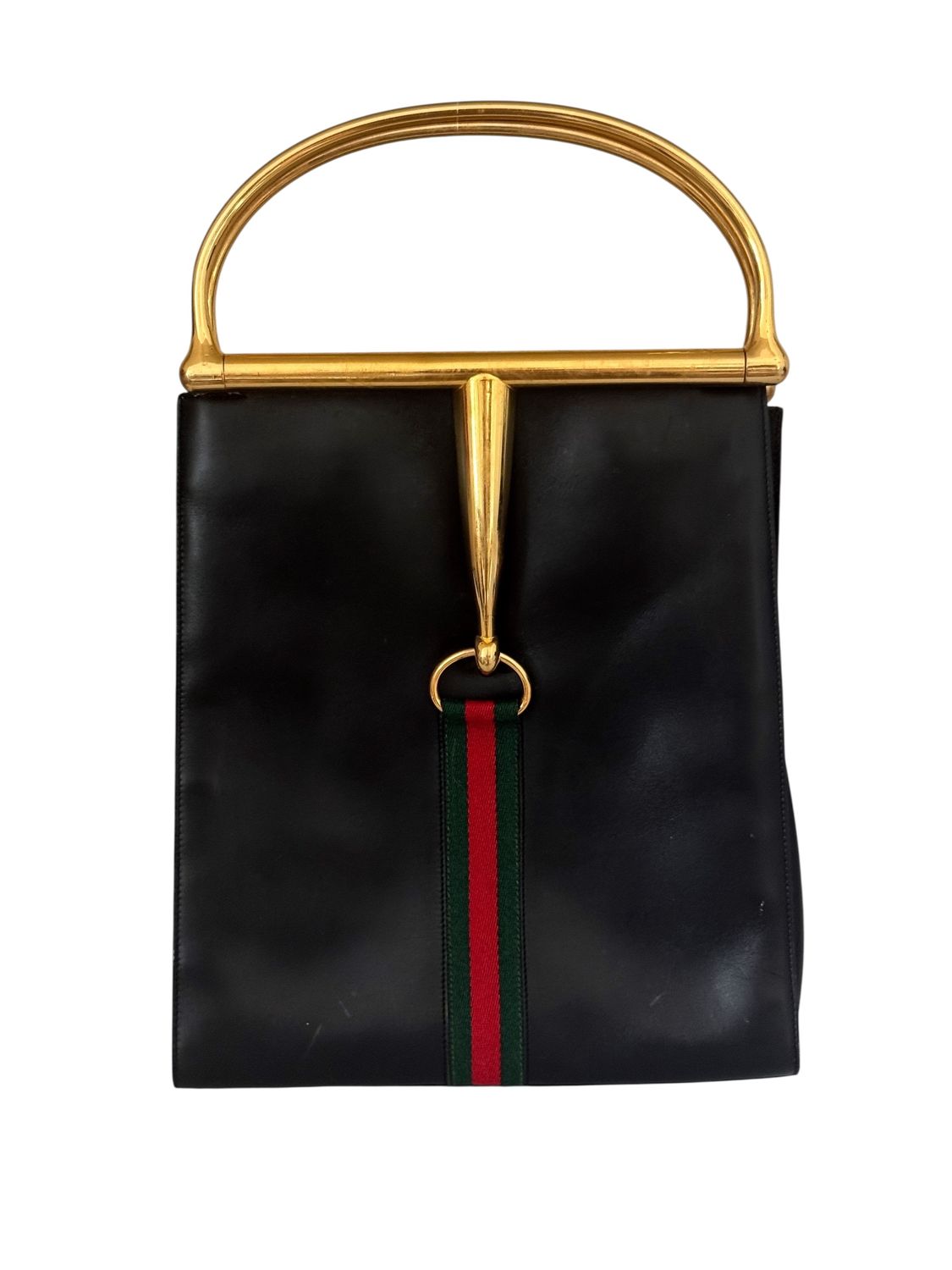 GUCCI VINTAGE RARE SNAFFLE BIT BLACK LEATHER WEBBING TOP HANDLE BAG