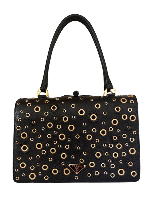 PRADA BLACK LEATHER GROMMET TOP HANDLE FRAME SHOULDER BAG