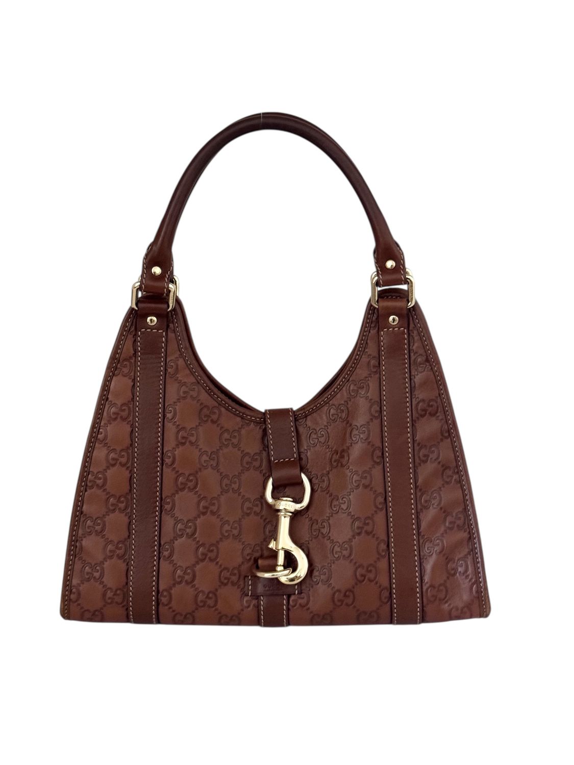 GUCCI VINTAGE GG MONOGRAM BROWN LEATHER TOP HANDLE JACKIE BAG