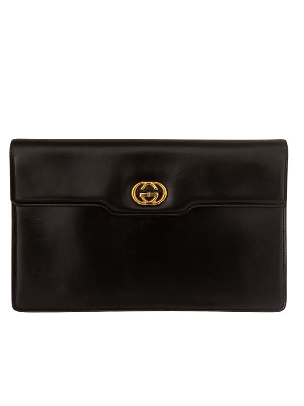 GUCCI VINTAGE BLACK LEATHER GG LOCK ENVELOPE BAG CLUTCH
