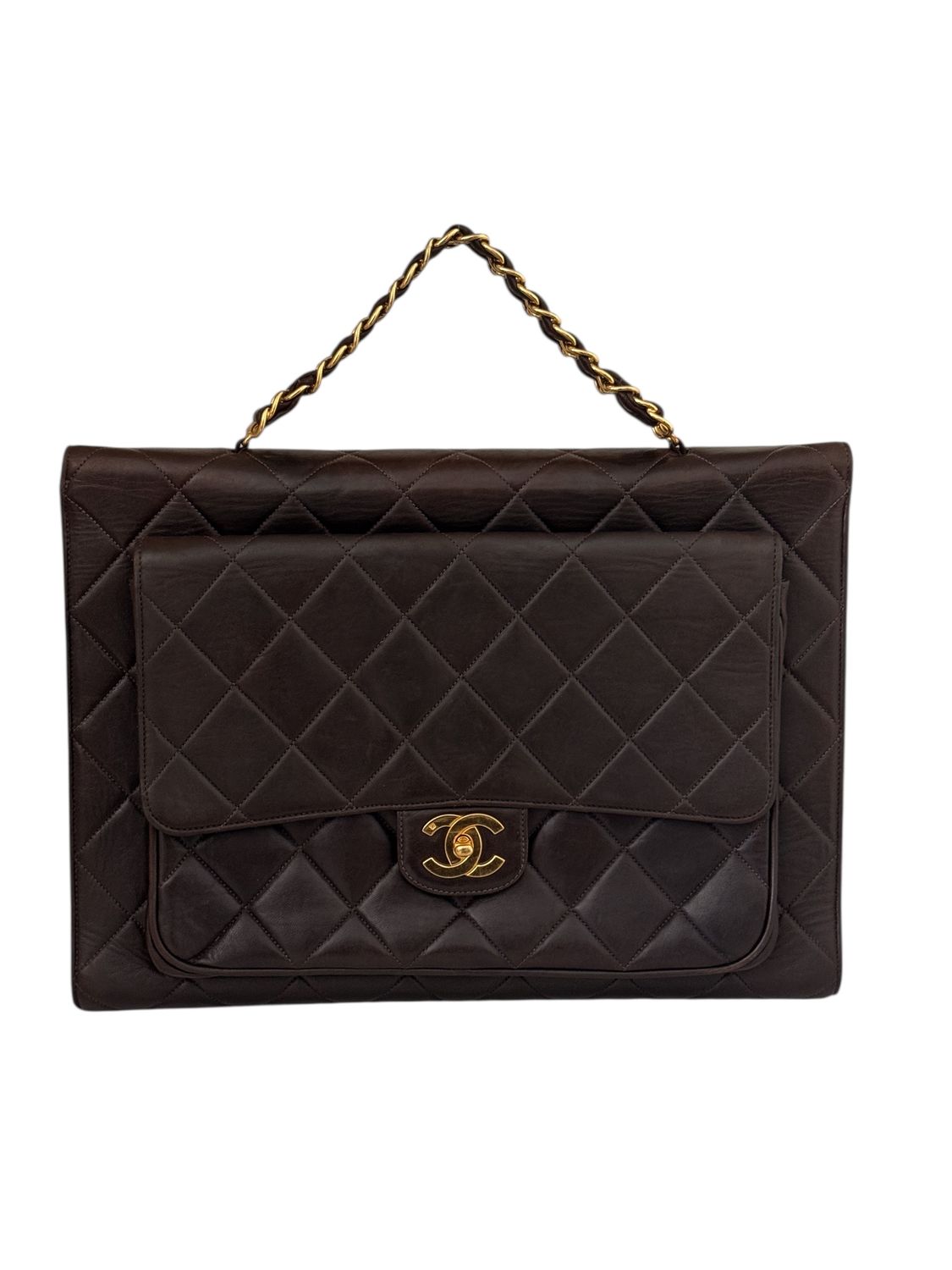 VINTAGE CHANEL QUILTED BROWN LEATHER DOUBLE SIDED BRIEFCASE BAG - RARE