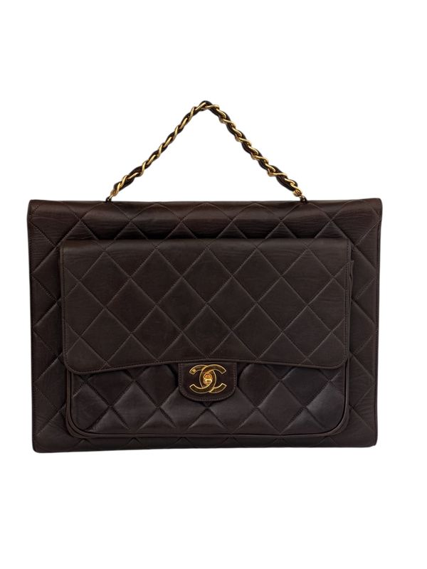 VINTAGE CHANEL QUILTED BROWN LEATHER DOUBLE SIDED BRIEFCASE BAG - RARE