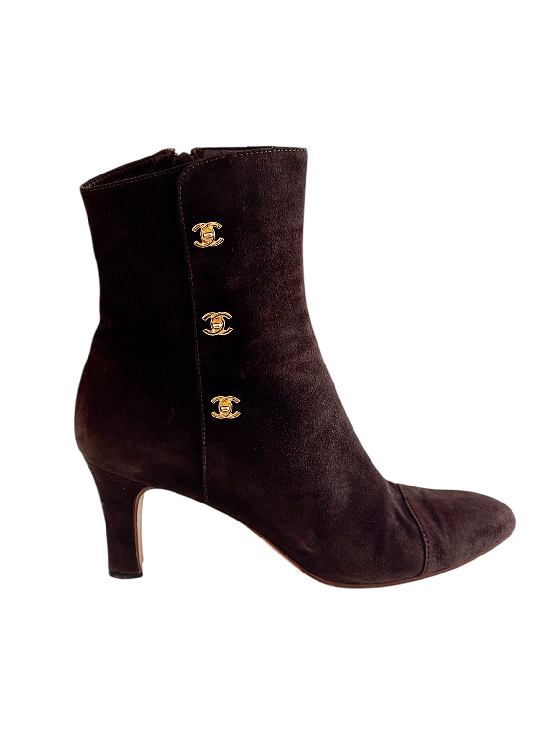 CHANEL VINTAGE BROWN SUEDE LEATHER TURN LOCK BOOTS / 40