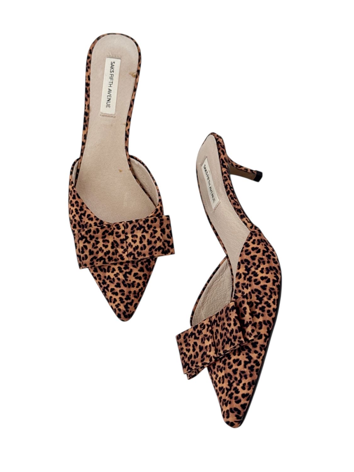 SAKS FIFTH AVENUE ANIMAL PRINT BOW MULES HEELS / IT 37.5