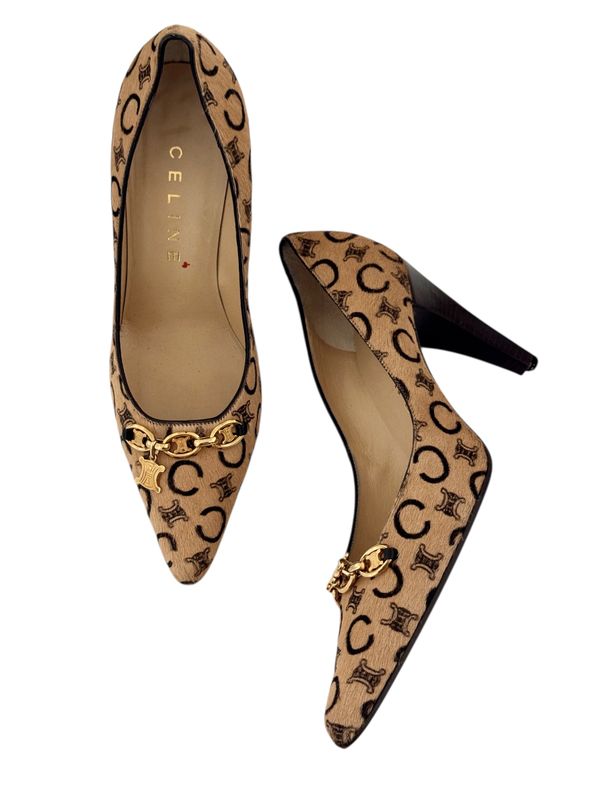 CELINE PARIS C LOGO CHARM PONY HAIR PUMPS HEELS / 38