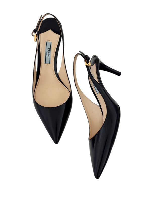 PRADA BLACK LEATHER SLINGBACK HEELS / IT 37.5
