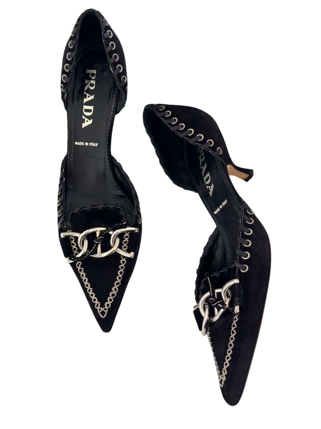PRADA BLACK SUEDE LEATHER BUCKLE HEELS / IT 39.5