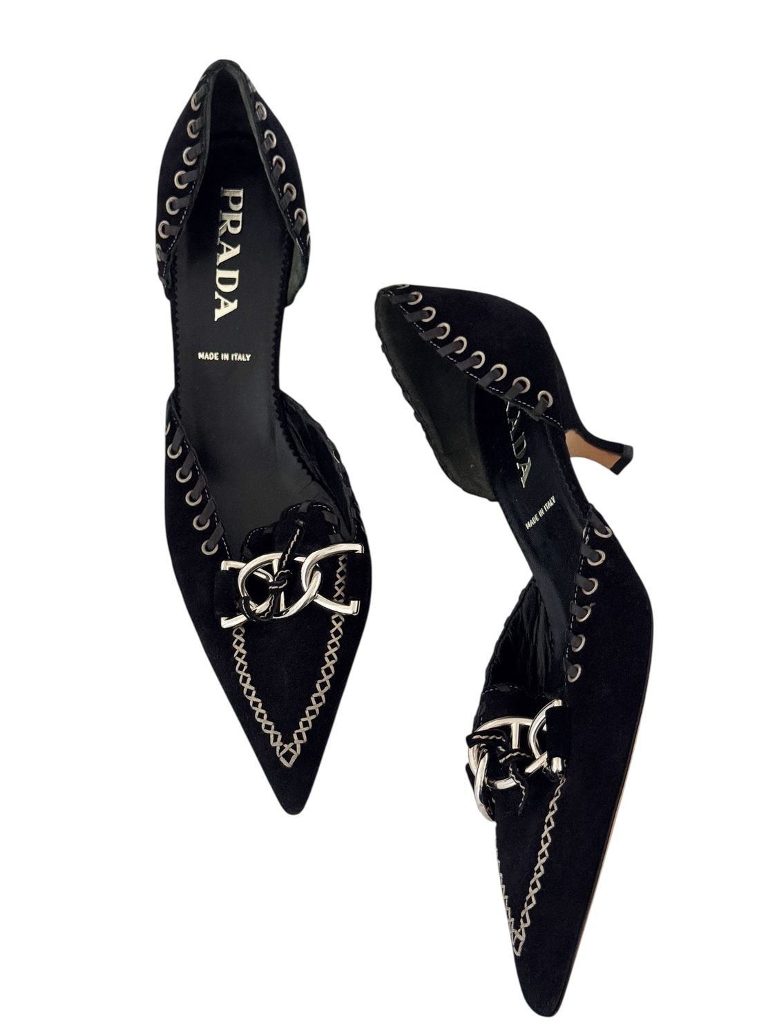 PRADA BLACK SUEDE LEATHER BUCKLE HEELS / IT 41