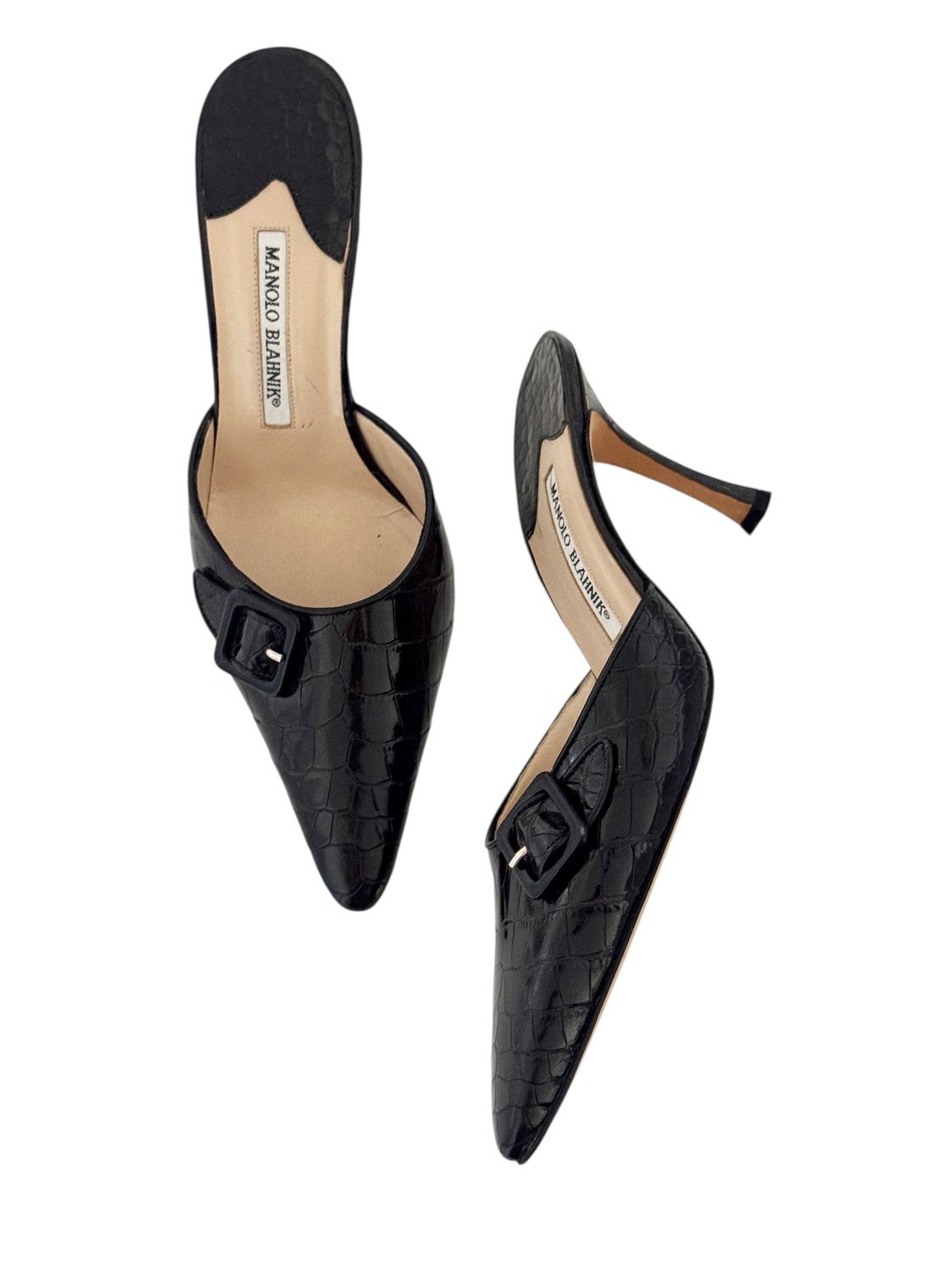 MANOLO BLAHNIK CROC EMBOSSED BLACK LEATHER MULES / IT 39.5