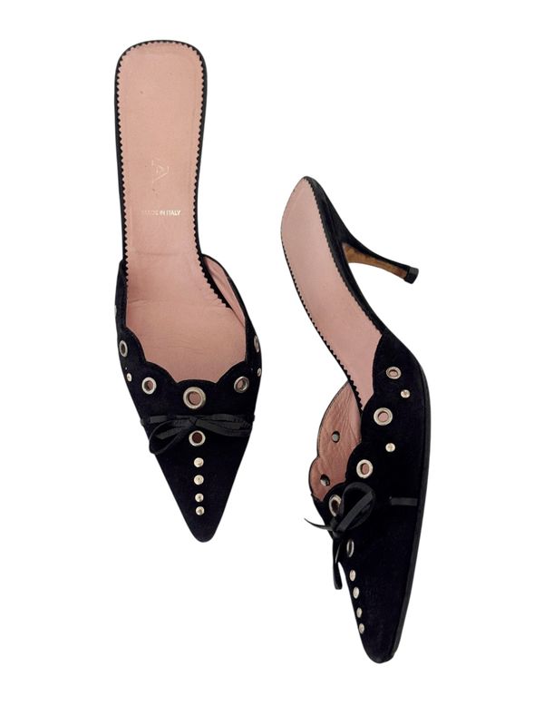 PRADA VINTAGE BLACK SUEDE LEATHER GROMMET MULES HEELS / IT 38.5